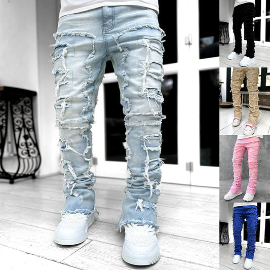 Men Trousers Stylish Patched Pants Long Tight Fit Stacked Jeans for Mens Clothing